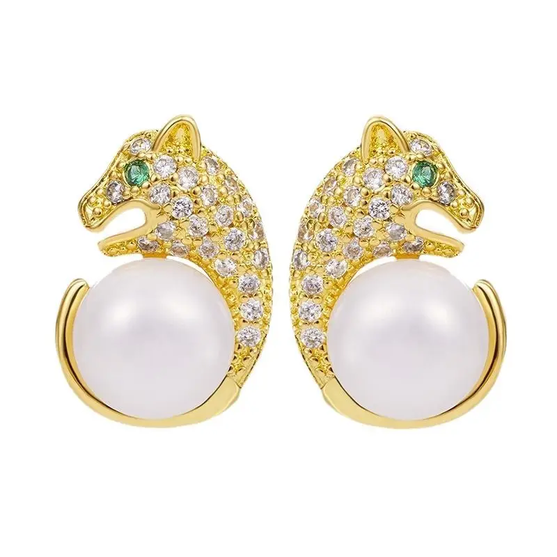 Leopard Pearl Earrings Gold Plated with Zircon & Green Stones - Image 5