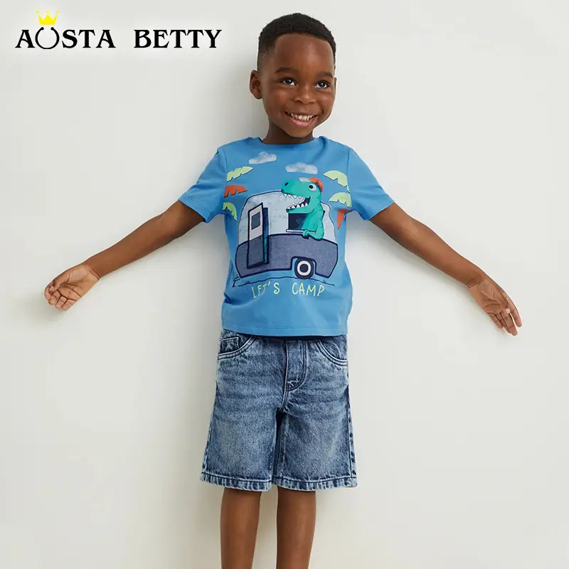 2025 Boys Cotton Camping T-Shirt Blue Dinosaur - Image 2
