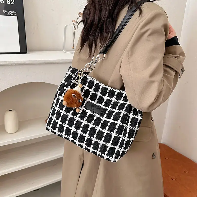 Women Plaid Woolen Shoulder Bag 2024 Winter - Image 7
