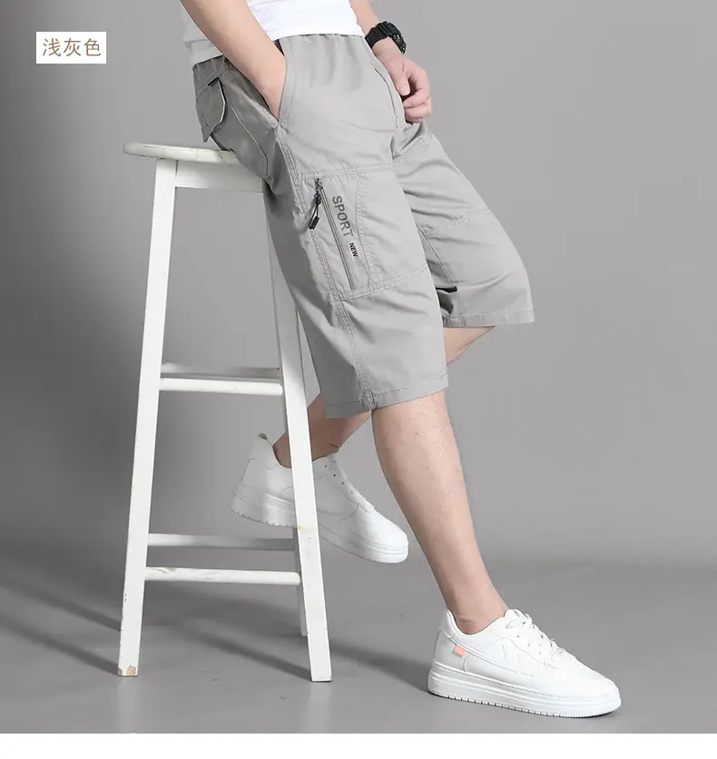Men Grey Cropped Cotton Shorts Middle Age Casual Breeches — feature 10