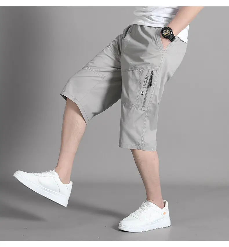 Men Grey Cropped Cotton Shorts Middle Age Casual Breeches — feature 11