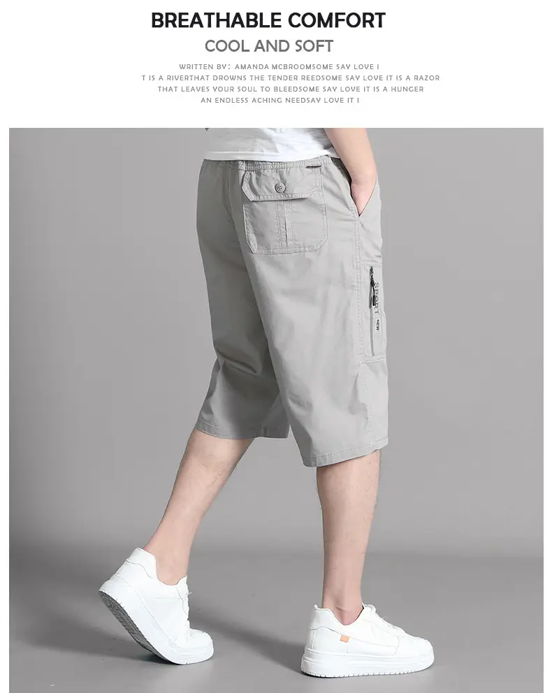 Men Grey Cropped Cotton Shorts Middle Age Casual Breeches — feature 12