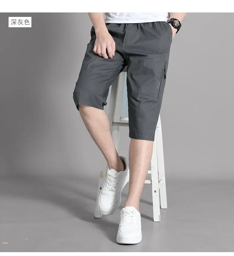 Men Grey Cropped Cotton Shorts Middle Age Casual Breeches — feature 13