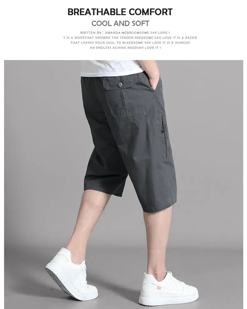 Men Grey Cropped Cotton Shorts Middle Age Casual Breeches — feature 14