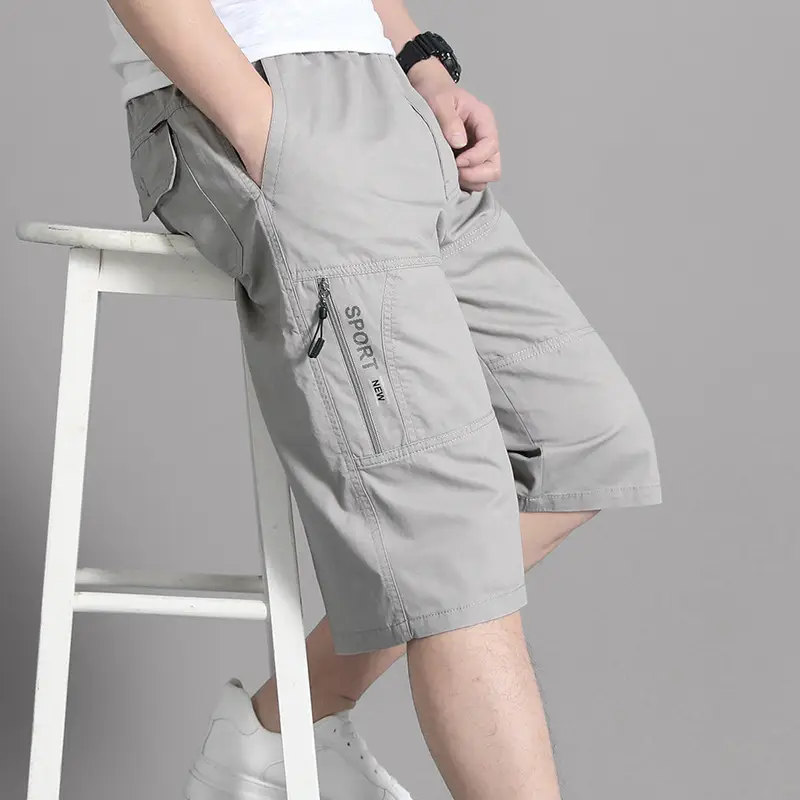 Men Grey Cropped Cotton Shorts Middle Age Casual Breeches - Image 3
