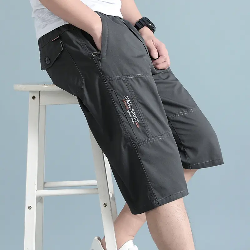 Men Grey Cropped Cotton Shorts Middle Age Casual Breeches - Image 6