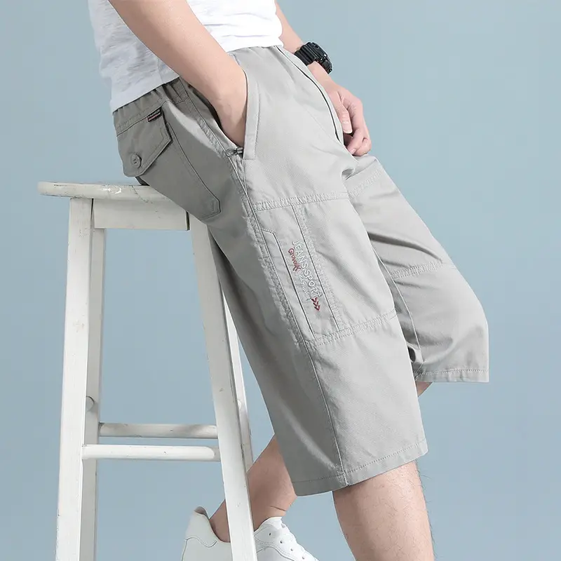 Men Grey Cropped Cotton Shorts Middle Age Casual Breeches - Image 7