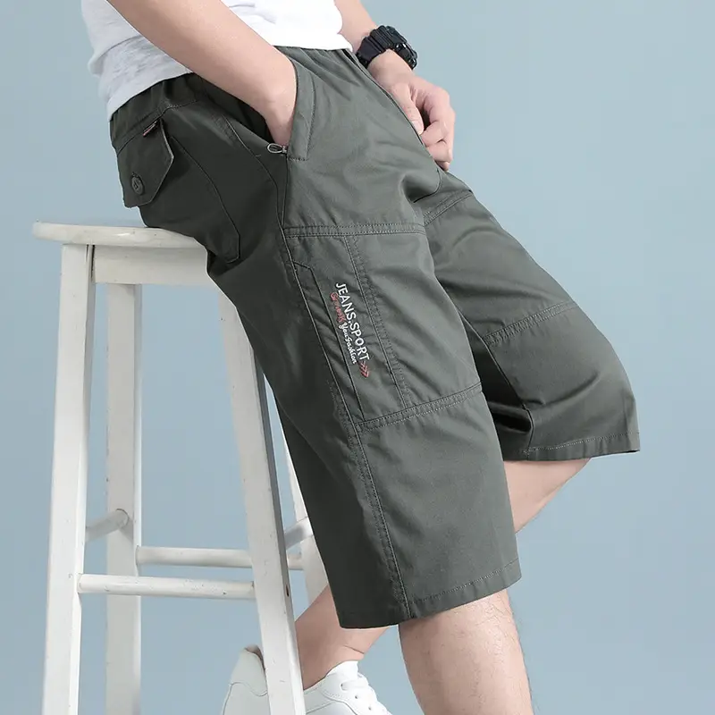 Men Grey Cropped Cotton Shorts Middle Age Casual Breeches - Image 8
