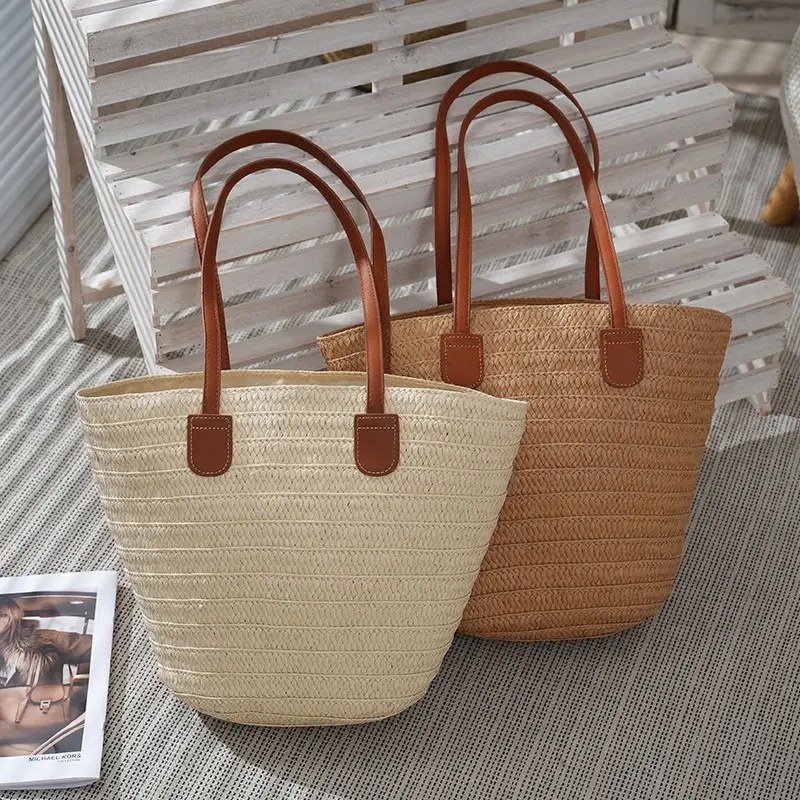 Straw Shoulder Bag with Brown Handles for Women - Image 3