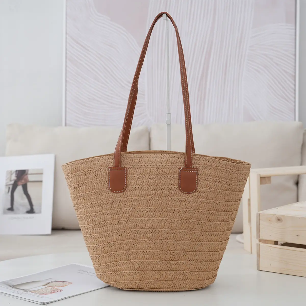 Straw Shoulder Bag with Brown Handles for Women - Image 4