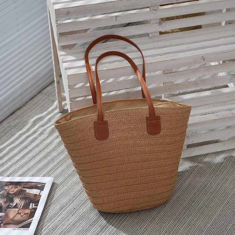 Straw Shoulder Bag with Brown Handles for Women - Image 2