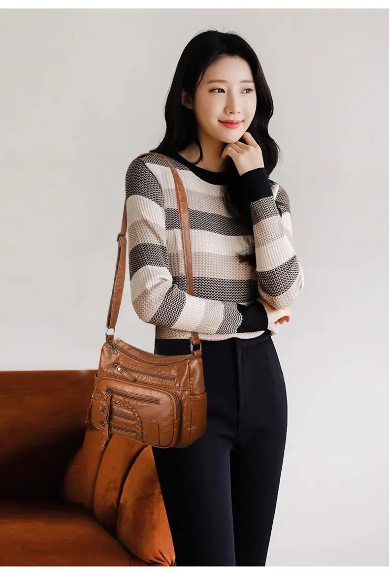 Brown Woven Multi-Pocket Shoulder Bag for Women — feature 10