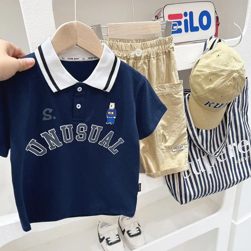 2024 Boys Polo Shirt Grey Blue Cartoon Print - Image 7