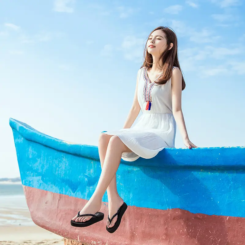 Women's Flip-Flops with Mid-Heel, Water-Resistant Wedge Sole, Thick-Soled, Non-Slip, Wear-Resistant, Odor-Resistant Beach Sandals Wholesale