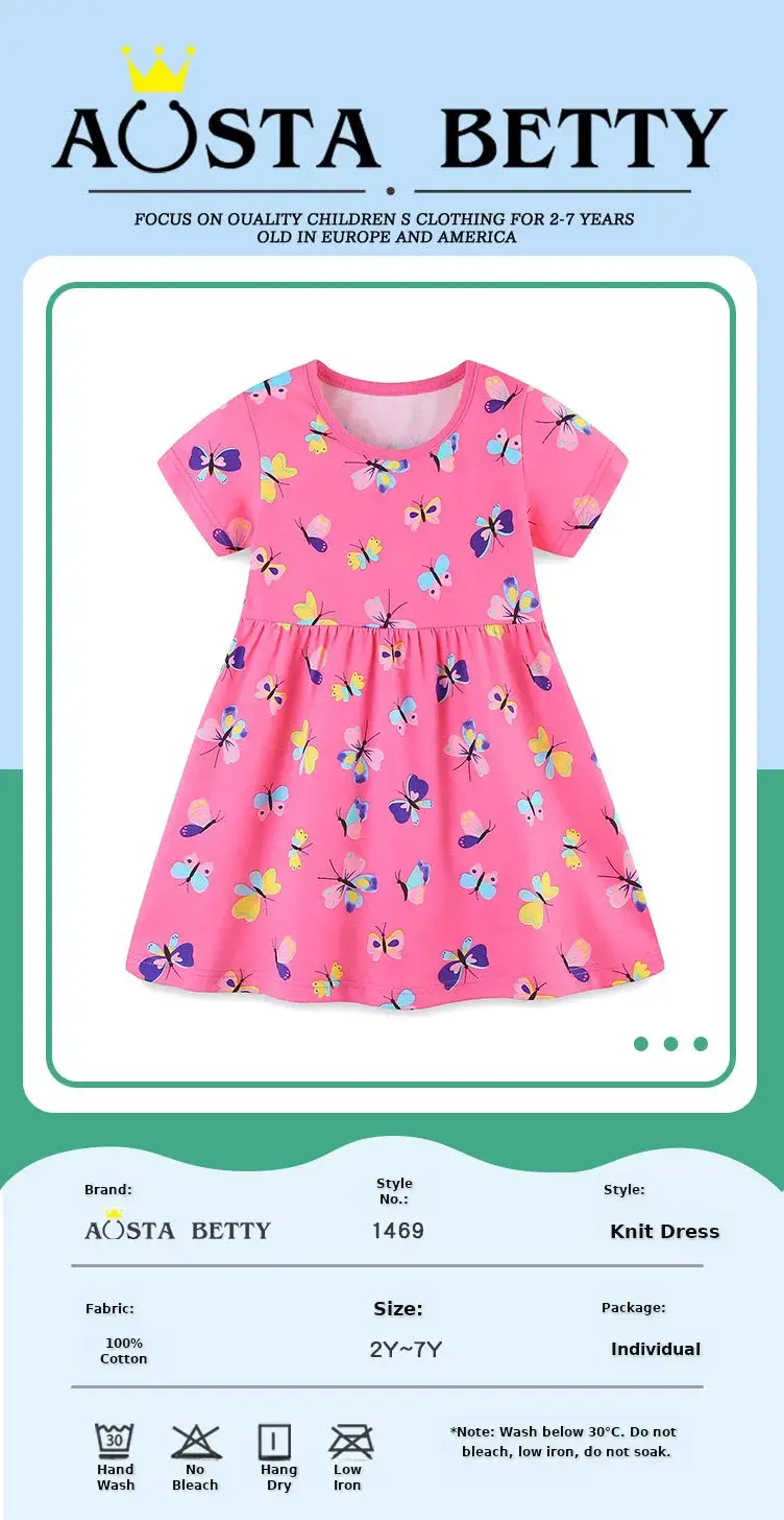 Pink Butterfly Print Girls Dress Cotton Summer Wear — feature 33