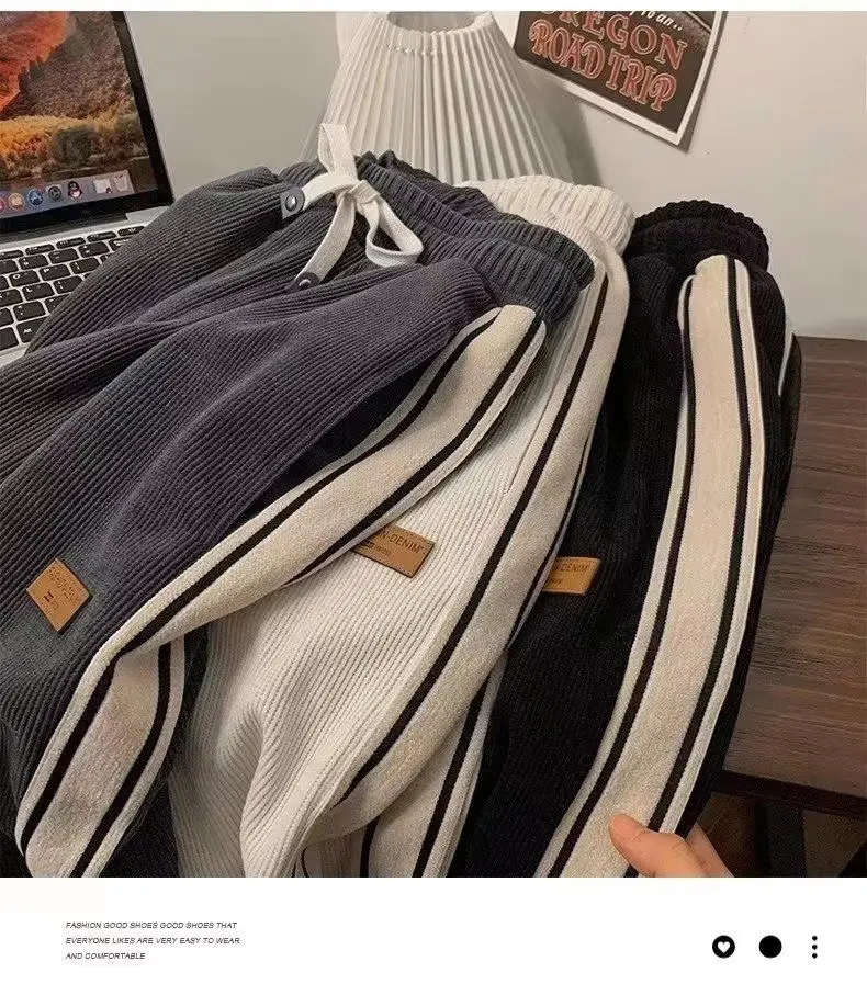 Men Black Corduroy Track Pants Spring Autumn Loose Fit — feature 13