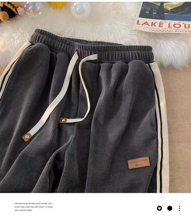 Men Black Corduroy Track Pants Spring Autumn Loose Fit — feature 14