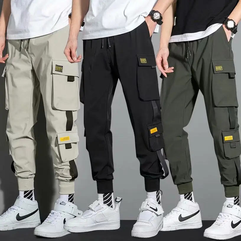 Men's Ankle-Tied Multi-Pocket Pants Black Green Gray - Image 7