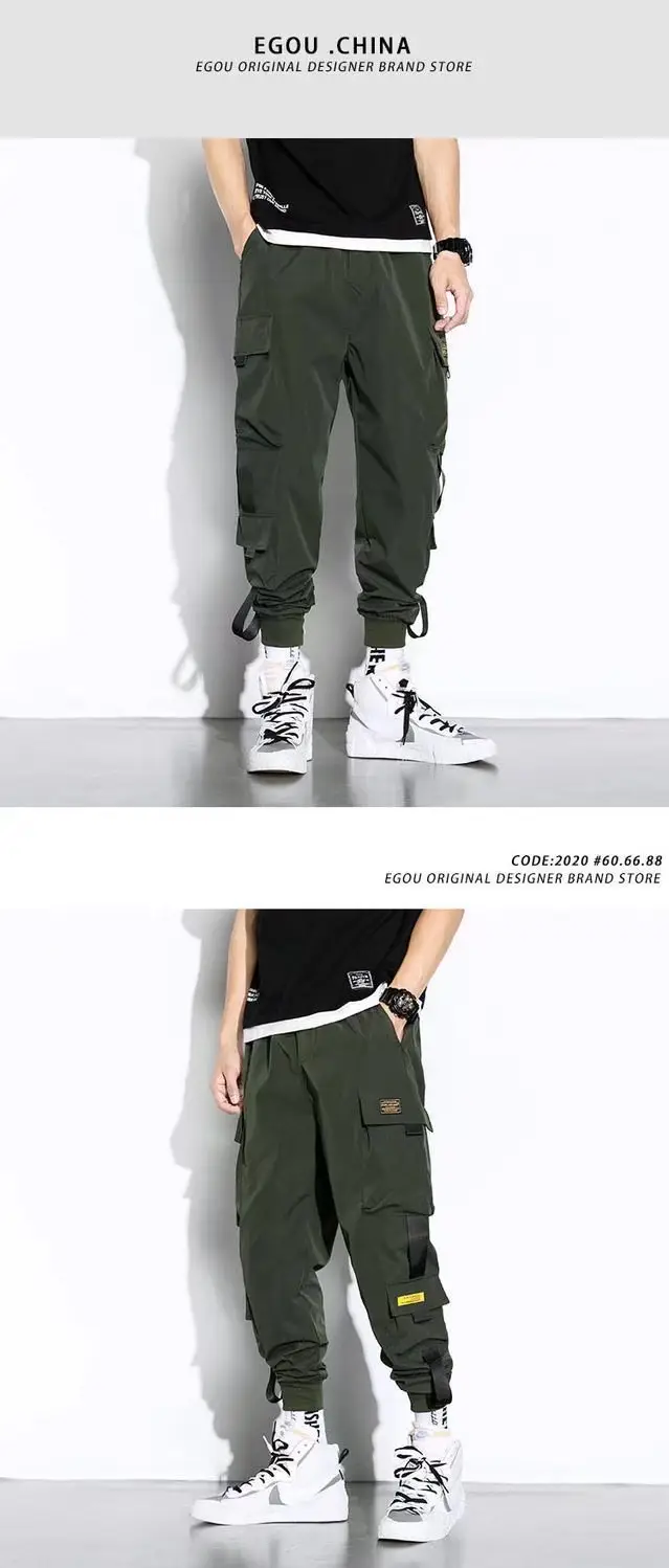 Men's Ankle-Tied Multi-Pocket Pants Black Green Gray — feature 3