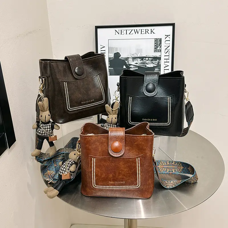 Women's Brown Textured Shoulder Bag with Embroidered Detail - Image 4