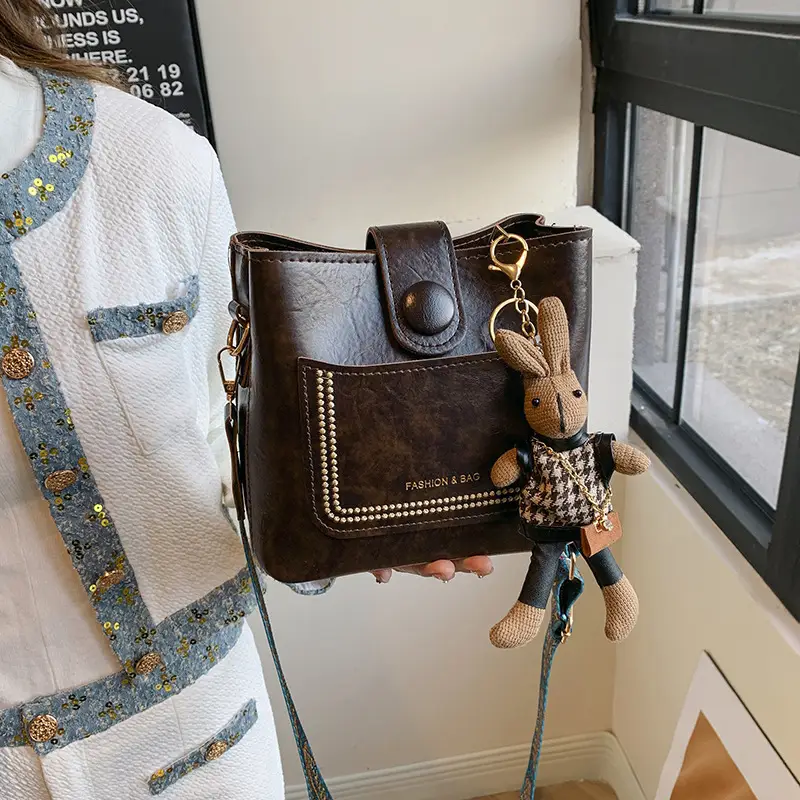 Women's Brown Textured Shoulder Bag with Embroidered Detail - Image 5