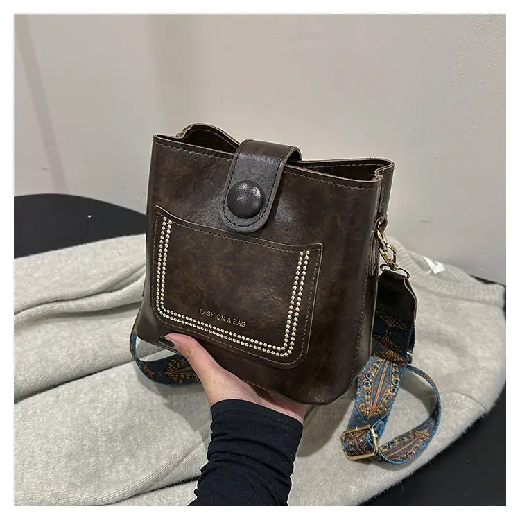 Women's Brown Textured Shoulder Bag with Embroidered Detail — feature 22