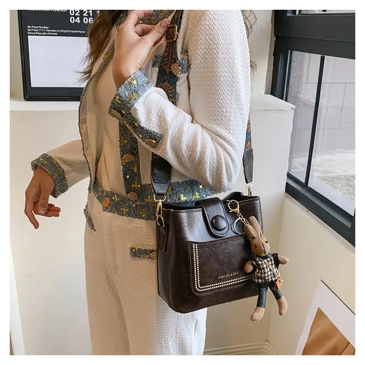 Women's Brown Textured Shoulder Bag with Embroidered Detail — feature 9