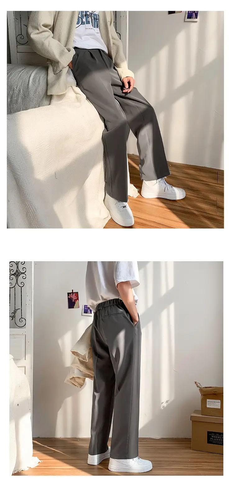 Men's Grey Wide Leg Casual Pants with White Sneakers — feature 20