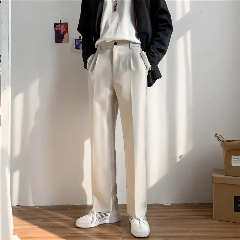 Men's Grey Wide Leg Casual Pants with White Sneakers - Image 3