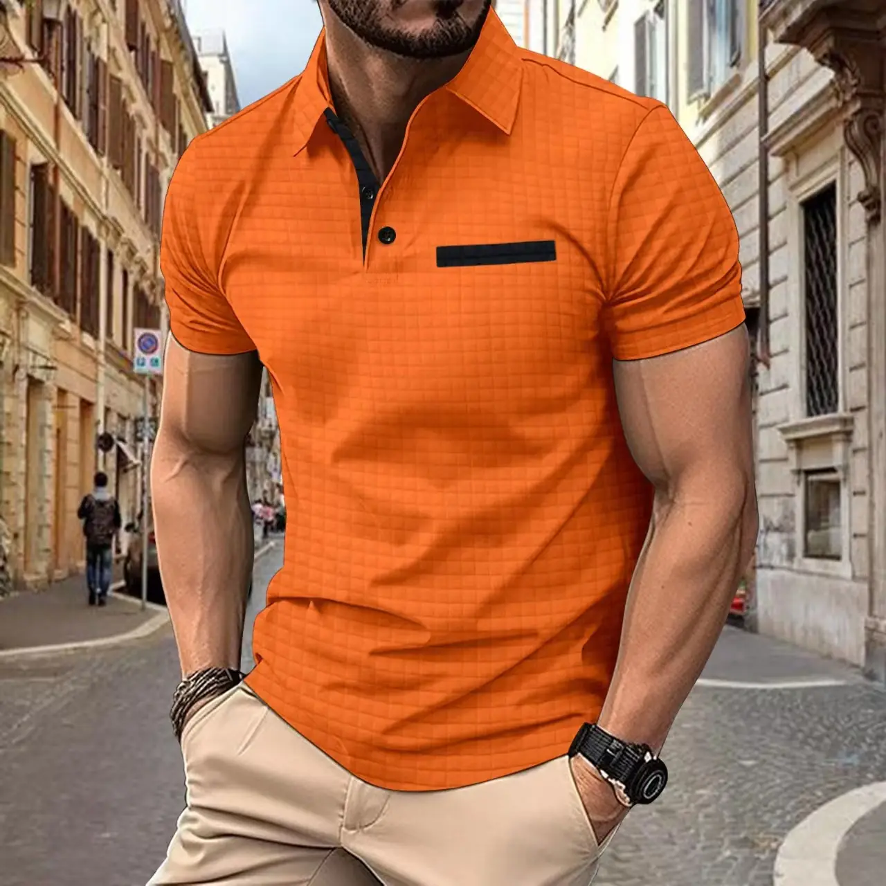 Men's Orange Jacquard Polo Shirt Summer 2024 - Image 3