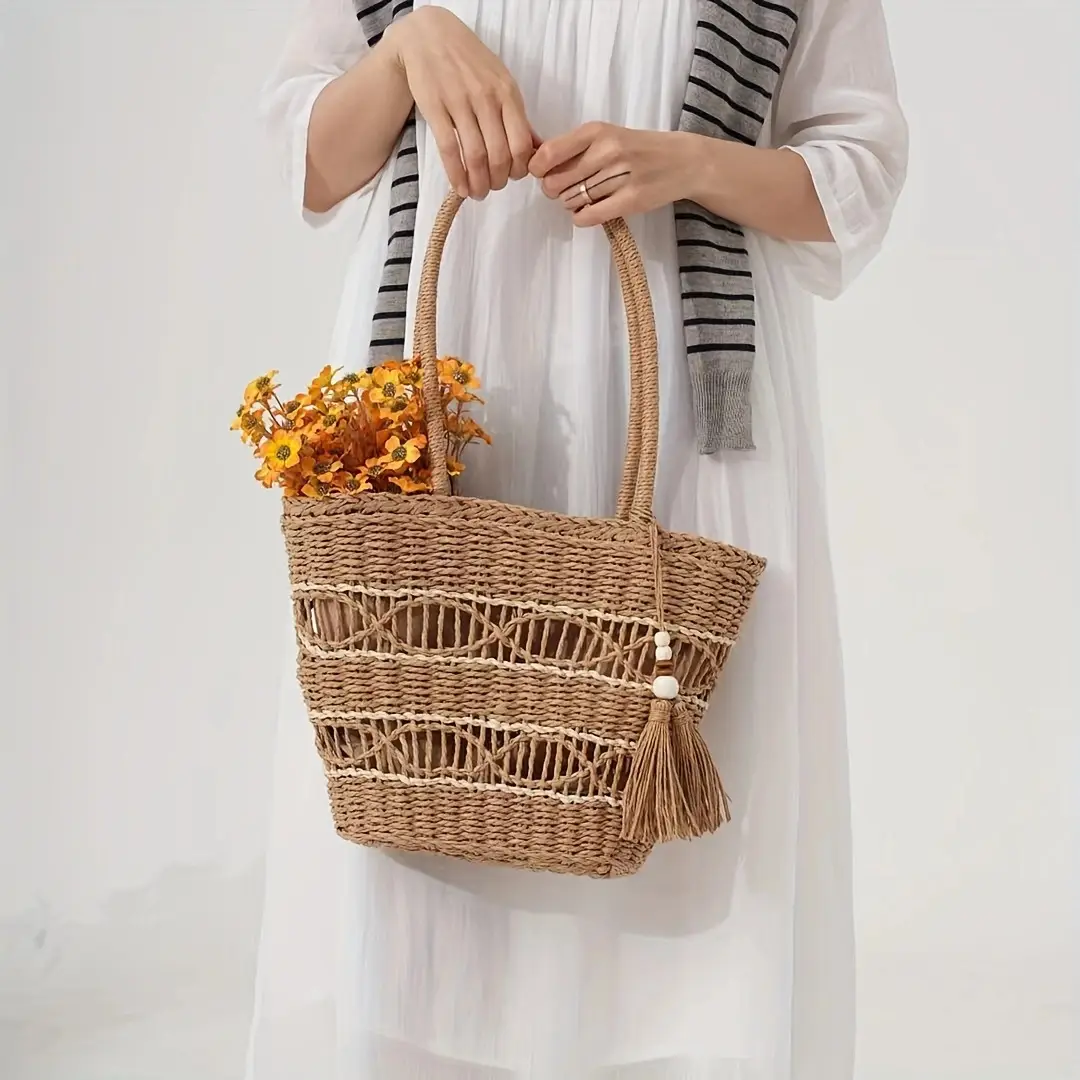 Straw Tote Bag 27cm High Women Beach Carryall - Image 6