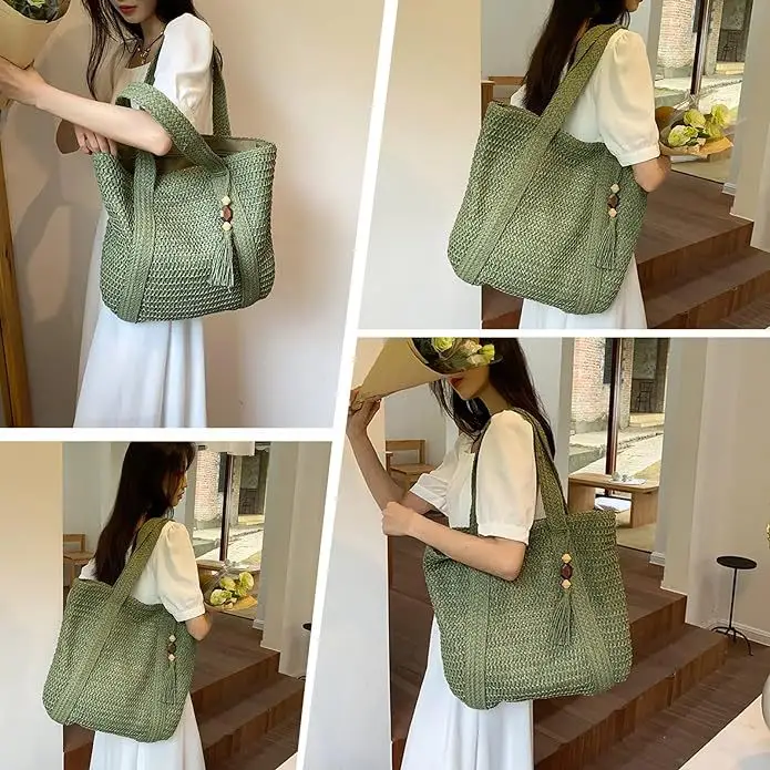 Women's Green Straw Tote Bag with Tassels - Image 6