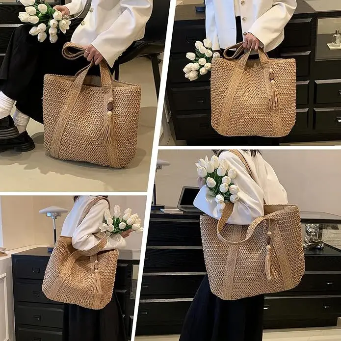 Women's Green Straw Tote Bag with Tassels - Image 7