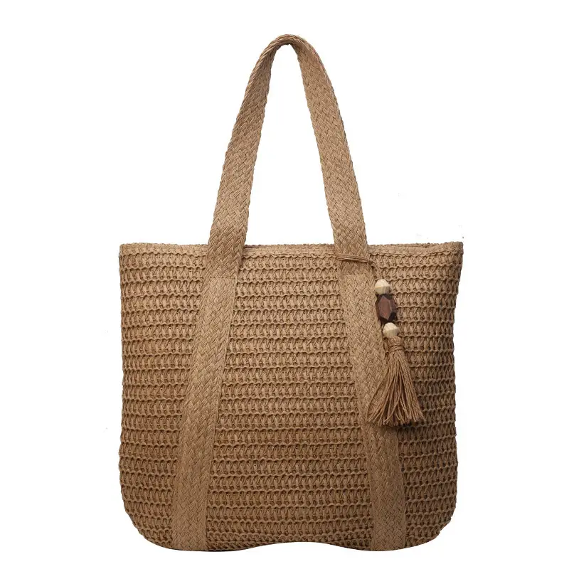 Women's Green Straw Tote Bag with Tassels - Image 9