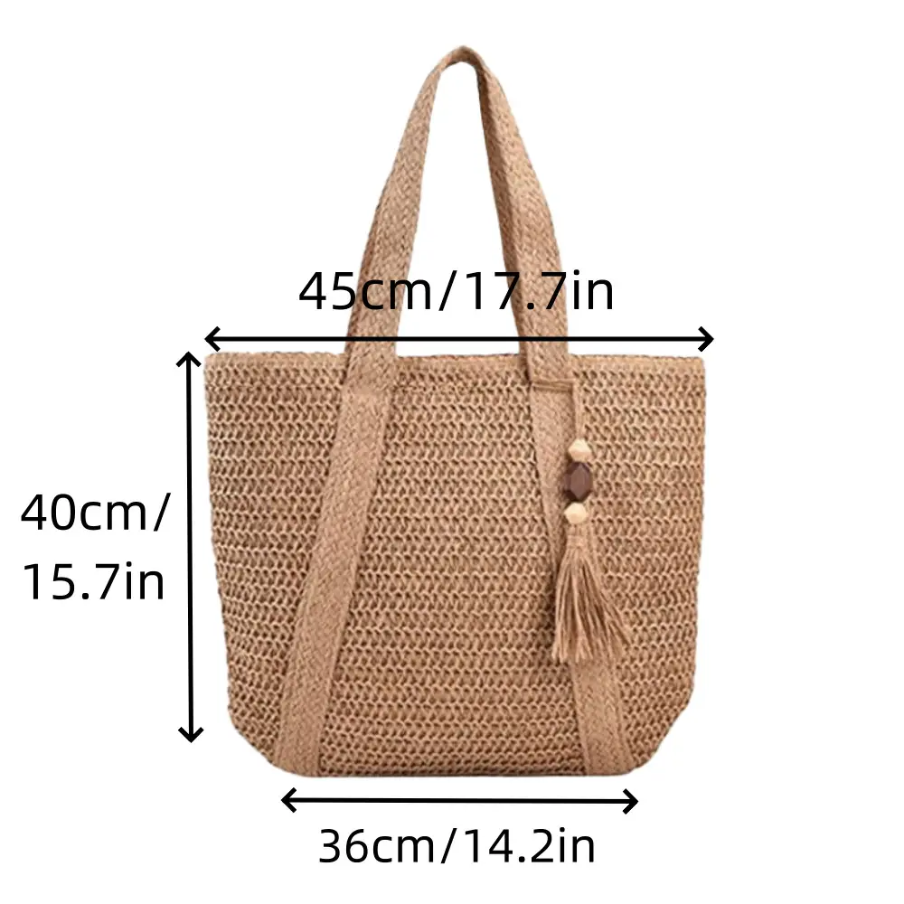 Women's Green Straw Tote Bag with Tassels - Image 2
