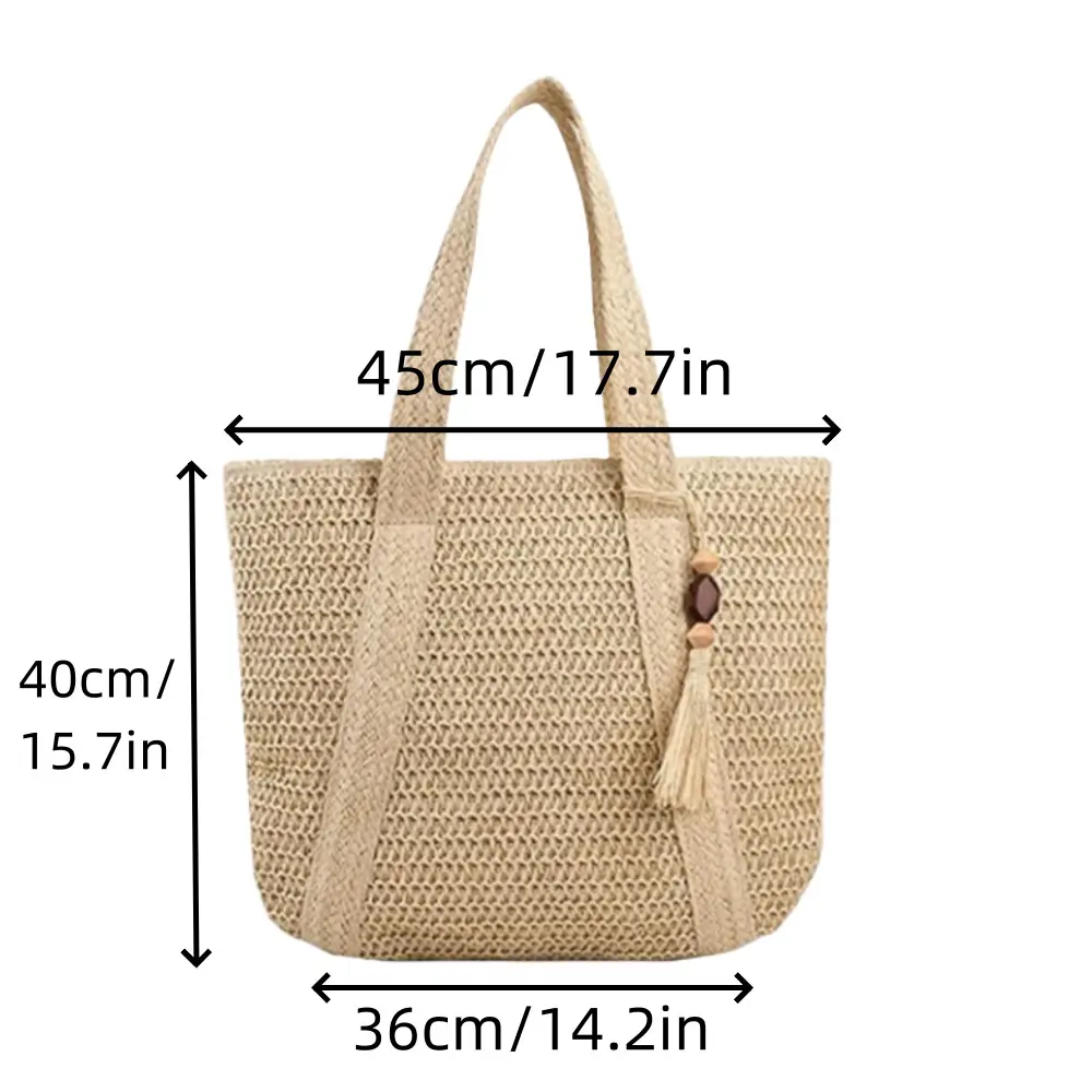 Women's Green Straw Tote Bag with Tassels - Image 3