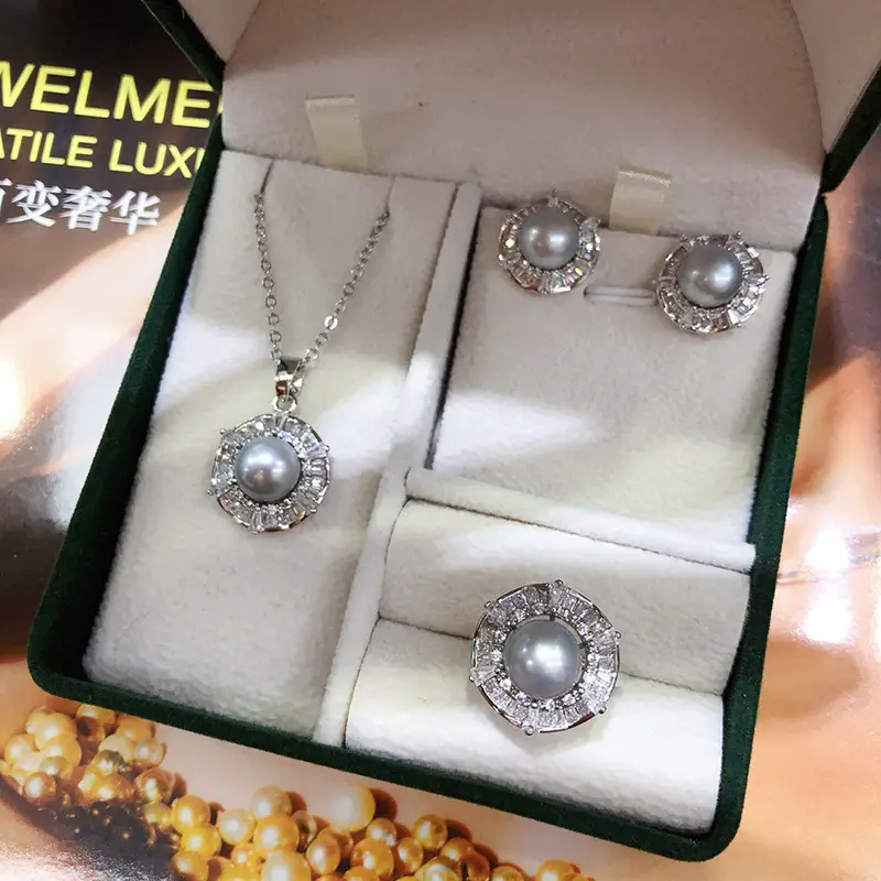 New Freshwater Pearl Necklace Earrings Ring Set Gold Plated