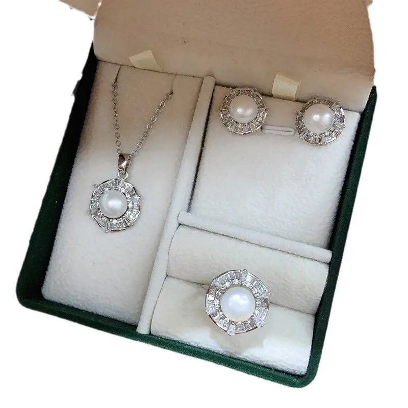 New Freshwater Pearl Necklace Earrings Ring Set Gold Plated