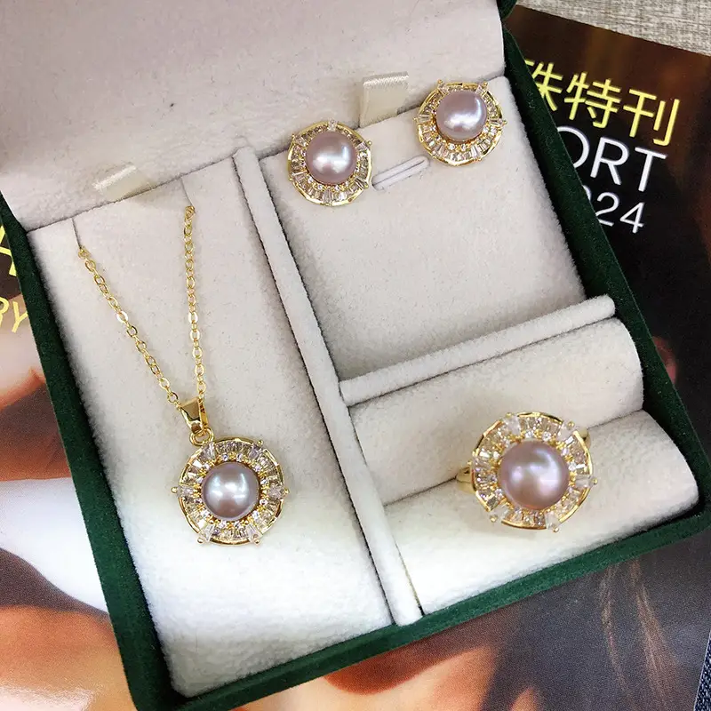 New Freshwater Pearl Necklace Earrings Ring Set Gold Plated — feature 4