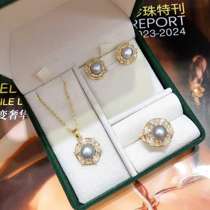 New Freshwater Pearl Necklace Earrings Ring Set Gold Plated — feature 5