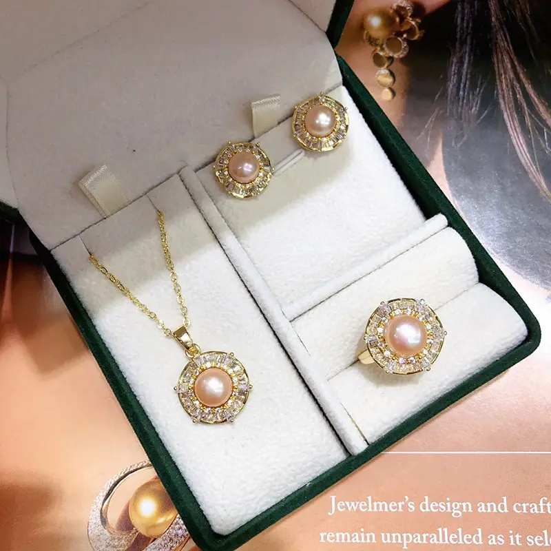 New Freshwater Pearl Necklace Earrings Ring Set Gold Plated — feature 6
