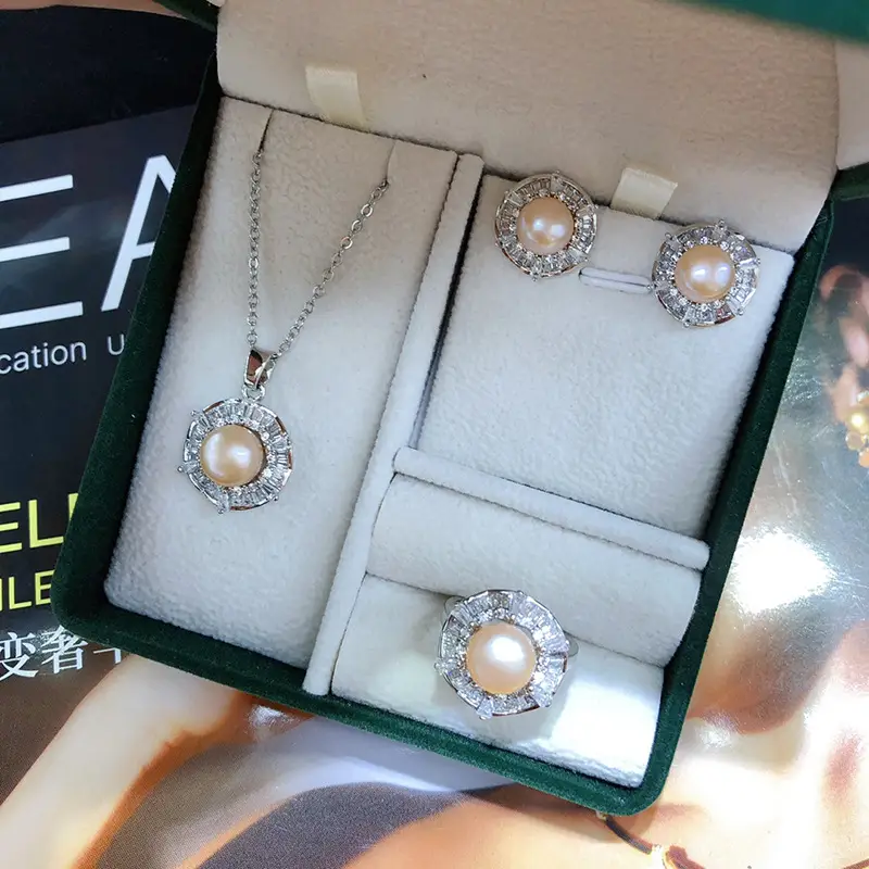 New Freshwater Pearl Necklace Earrings Ring Set Gold Plated