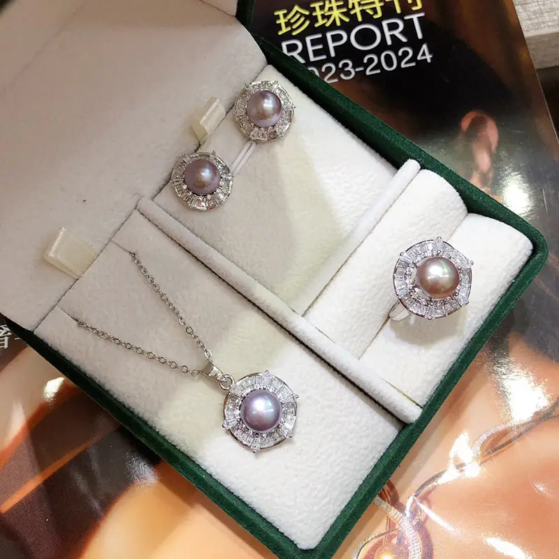 New Freshwater Pearl Necklace Earrings Ring Set Gold Plated