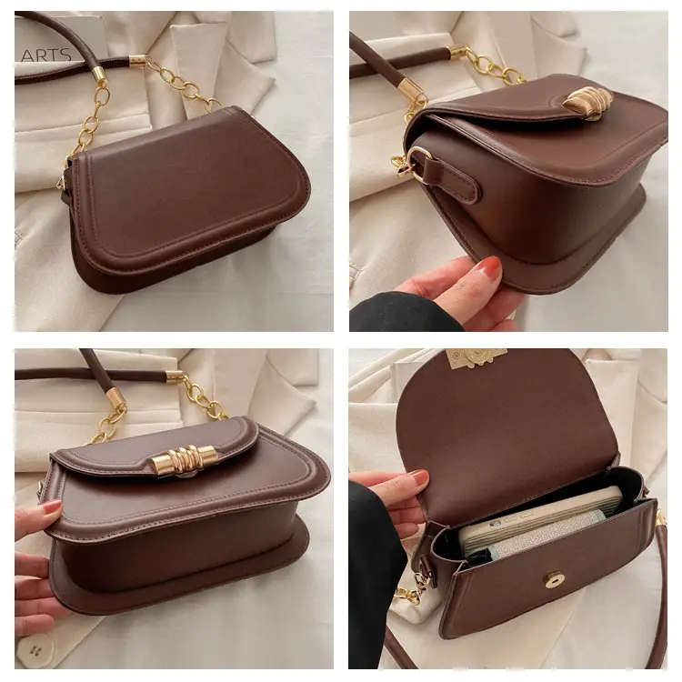 Women's Brown Leather Crossbody Bag with Gold Clasp — feature 7