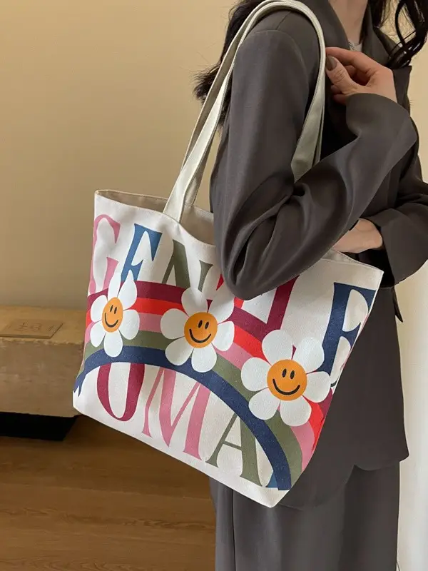 Rainbow Flower Canvas Bag 2024 Large Capacity Casual Shoulder