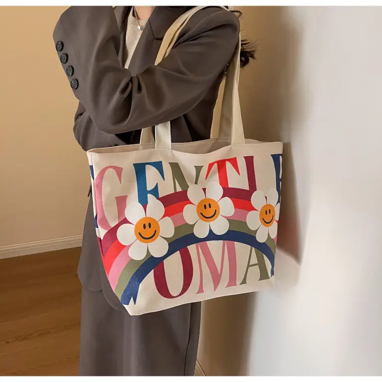 Rainbow Flower Canvas Bag 2024 Large Capacity Casual Shoulder — feature 12