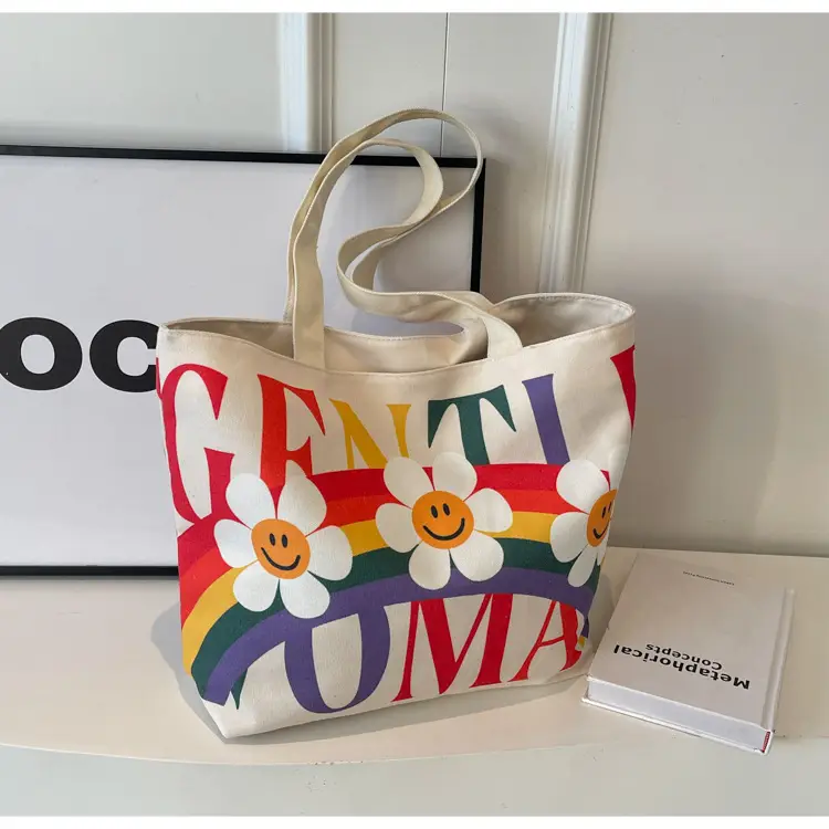 Rainbow Flower Canvas Bag 2024 Large Capacity Casual Shoulder — feature 23