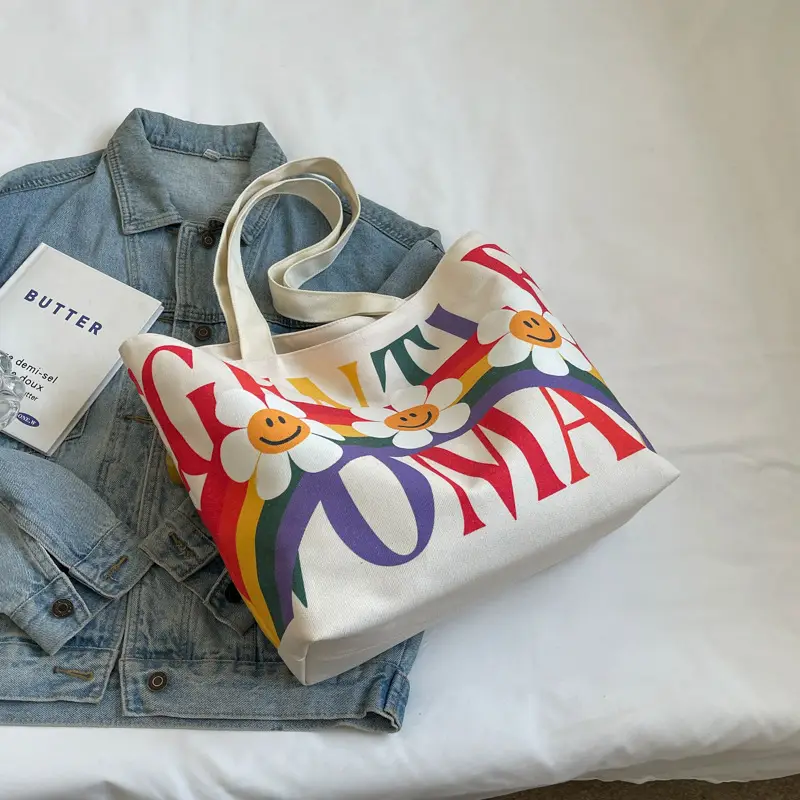 Rainbow Flower Canvas Bag 2024 Large Capacity Casual Shoulder