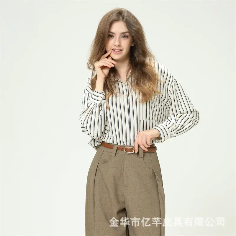 Women's Brown Leather Belt with Gold Buckle