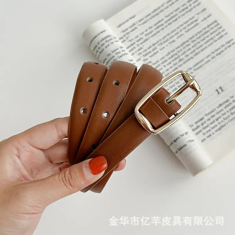 Women's Brown Leather Belt with Gold Buckle — feature 5